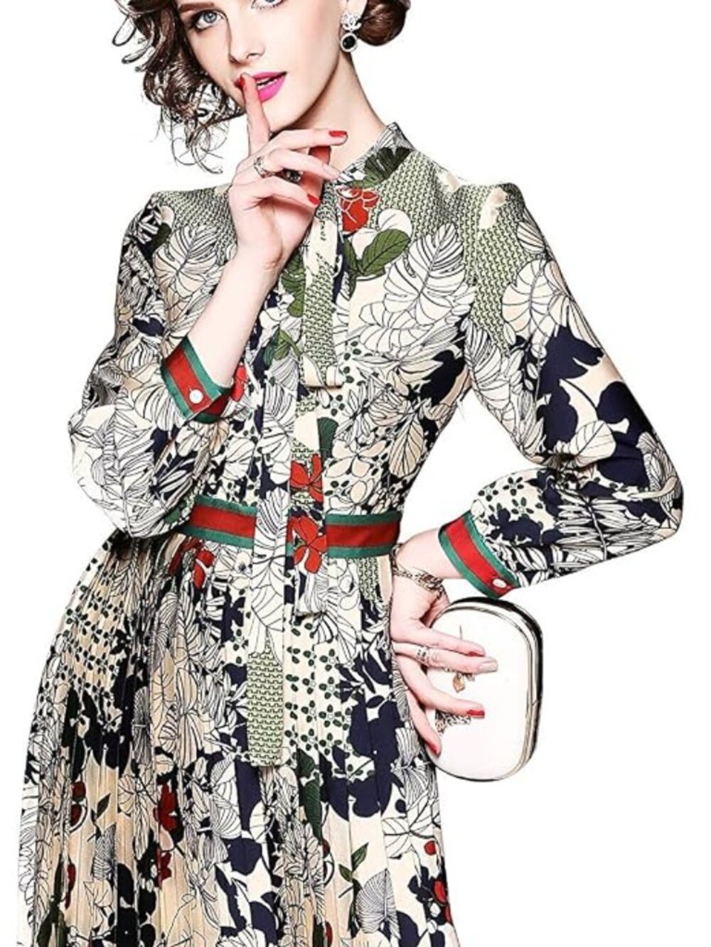 Lei Meng Five Cats Tie Neck Floral Patchwork Pleated Midi Dress Size Small